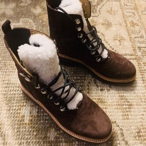 Marc Fisher Brown Suede Shearling Lace-Up Boots